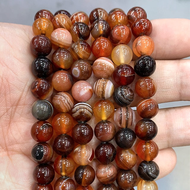 Cuentas redondas de ágata de ónix con rayas naranjas naturales, collar de pulsera Diy para accesorios de fabricación de joyas, hebra de 15 ", 4, 6, 8, 10, 12, 14MM