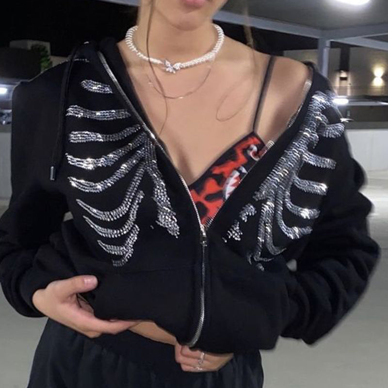 Y2K Strass Skelett Hoodies Frauen Gothic Schwarz Reißverschluss Übergroße Sweatshirts Weibliche Retro Harajuku Kapuzenjacke Streetwear