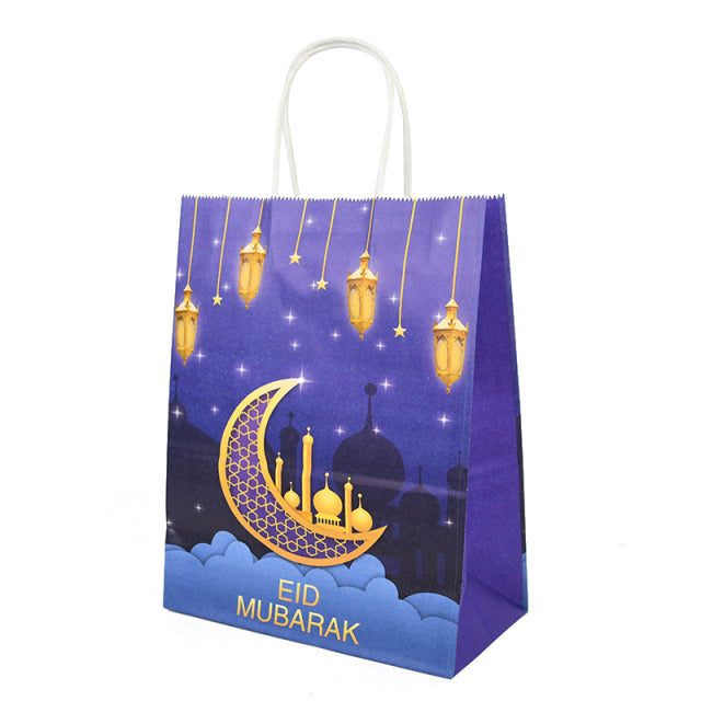 6pcs Eid Mubarak Kraft Paper Gift Bags Muslim Islamic Festival Party Cookie Candy Packaging Box Ramadan Kareem Favors Supplies