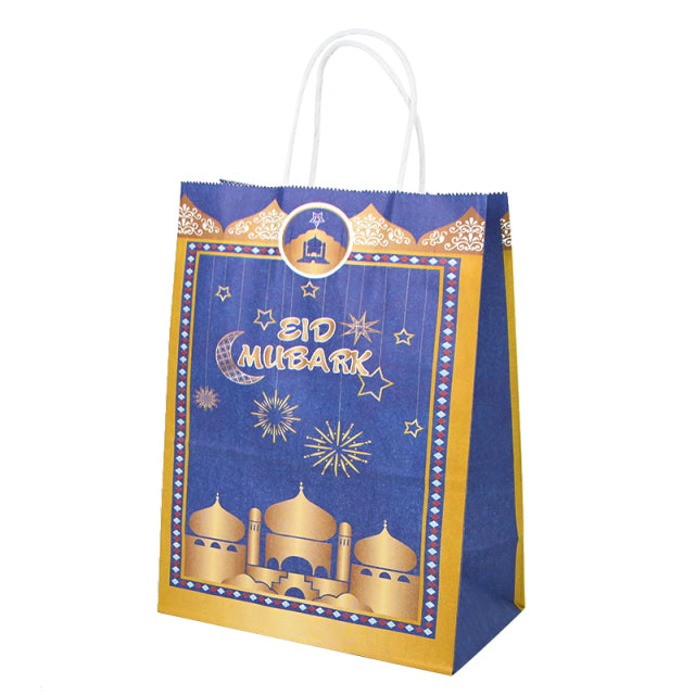 6pcs Eid Mubarak Kraft Paper Gift Bags Muslim Islamic Festival Party Cookie Candy Packaging Box Ramadan Kareem Favors Supplies