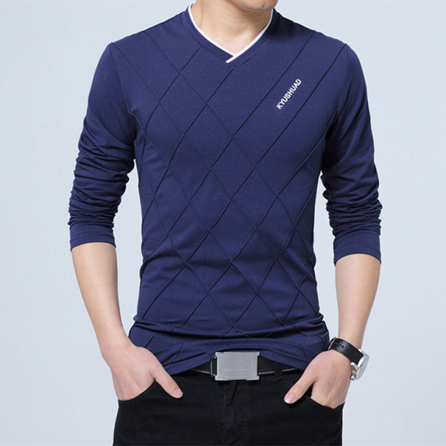 BROWON 2022 Fashion Herren T-Shirt Slim Fit Custom T-Shirt Knitter Design Langes stilvolles Luxus V-Ausschnitt Fitness T-Shirt T-Shirt Homme
