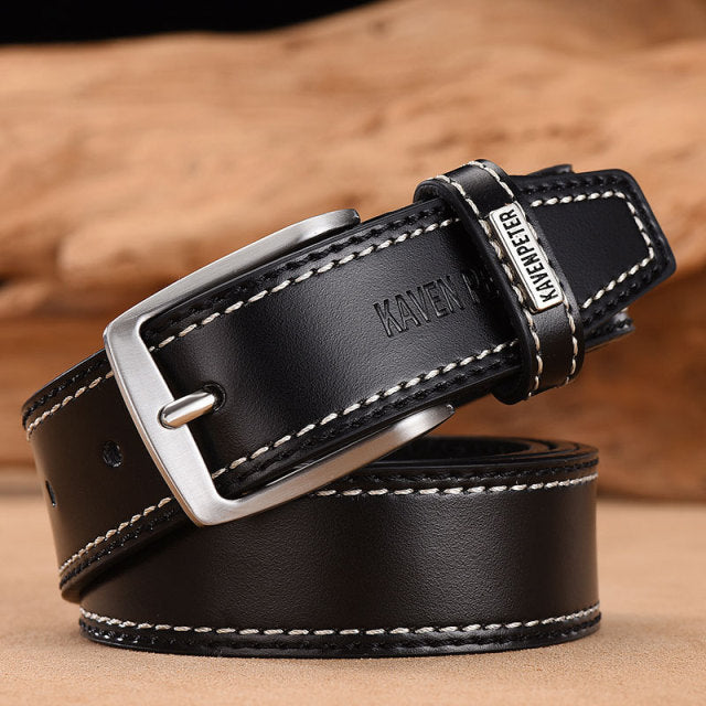 Men&#39;s Leather High Quality Classic Belt Alloy Pin Buckle Men&#39;s Matching Jeans Business Cowhide Belt Black Color Dark Brown Color