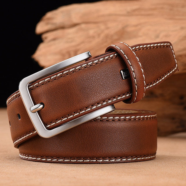 Men&#39;s Leather High Quality Classic Belt Alloy Pin Buckle Men&#39;s Matching Jeans Business Cowhide Belt Black Color Dark Brown Color