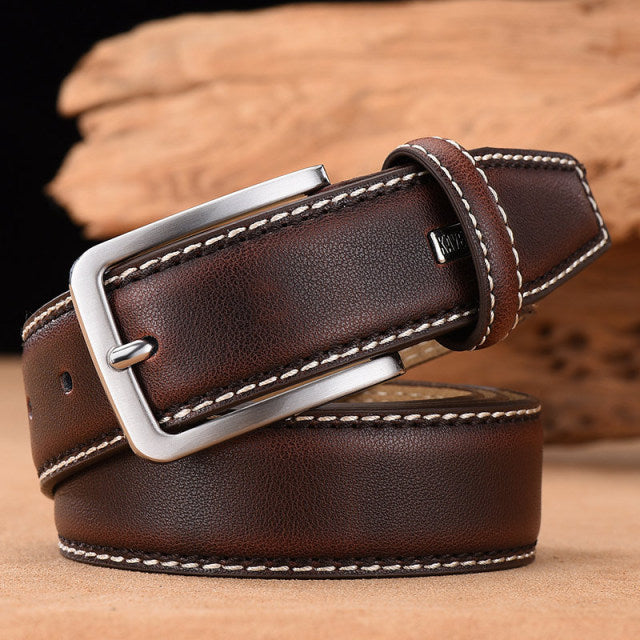 Men&#39;s Leather High Quality Classic Belt Alloy Pin Buckle Men&#39;s Matching Jeans Business Cowhide Belt Black Color Dark Brown Color