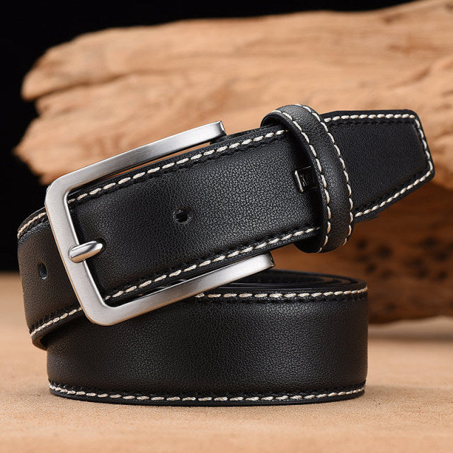 Men&#39;s Leather High Quality Classic Belt Alloy Pin Buckle Men&#39;s Matching Jeans Business Cowhide Belt Black Color Dark Brown Color