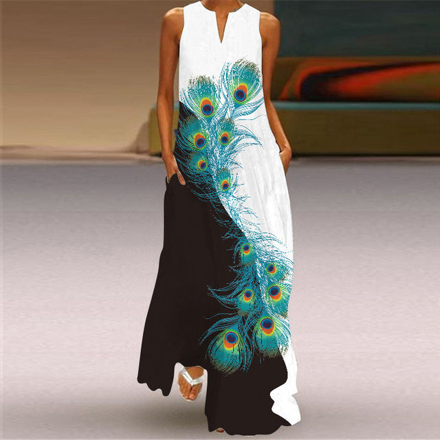 Summer Sleeveless Maxi Dresses Women Vintage Flowers Printed Bohemian Long Dress Robe Female Elegant V-Neck Beach Dress Sundress