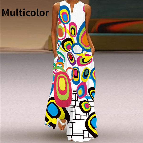 Summer Sleeveless Maxi Dresses Women Vintage Flowers Printed Bohemian Long Dress Robe Female Elegant V-Neck Beach Dress Sundress