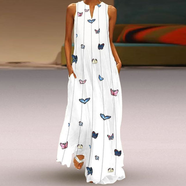 Sommer Ärmellose Maxikleider Frauen Vintage Blumen Gedruckt Böhmisches Langes Kleid Robe Weibliches Elegantes V-ausschnitt Strandkleid Sommerkleid