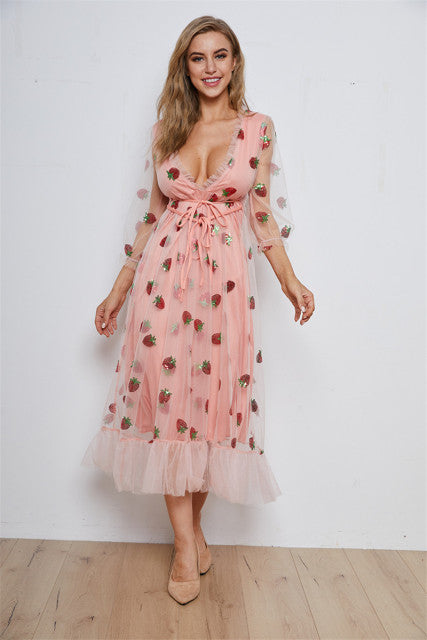 ISAROSE 2022 Strawberry Dress Damen Deep V Puff Sleeve Sweet Voile Mesh Pailletten Stickerei French Party Kleider 4XL 5XL