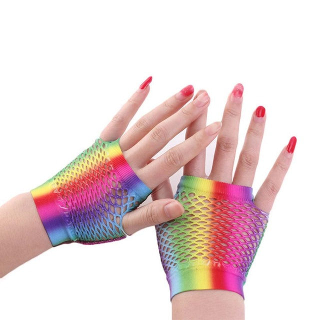 1 par de nuevos guantes largos sin dedos de red de neón a la moda para mujer