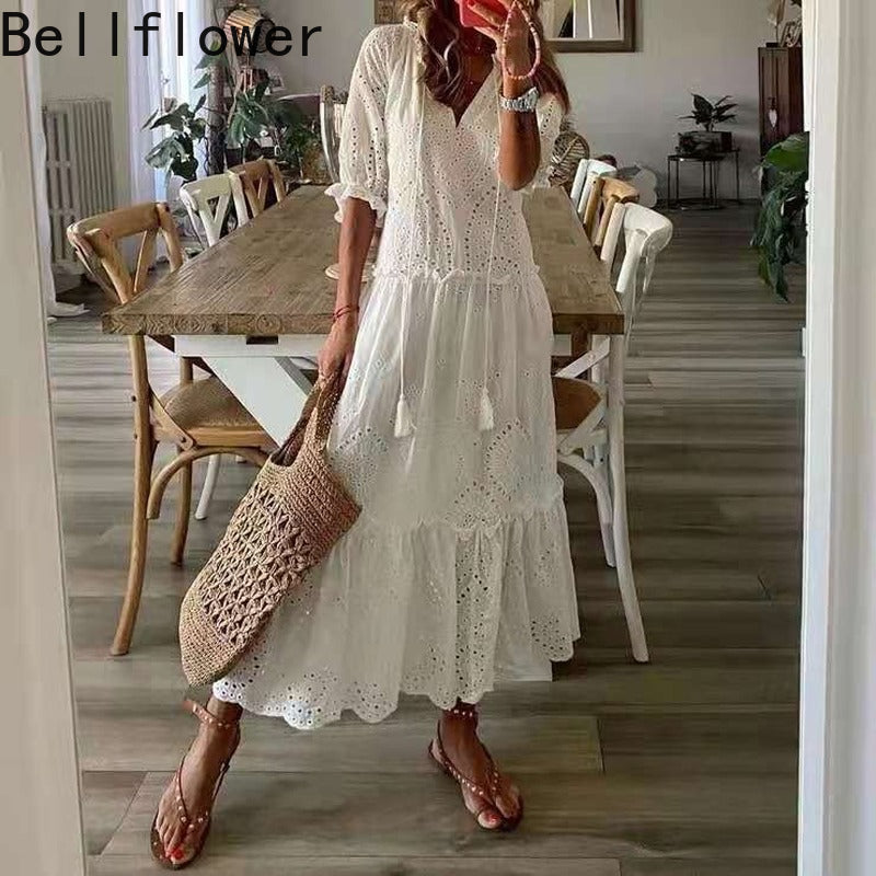 White Maxi Summer Dress Elegant Short Sleeve Hollow Out Bohemian Dresses for Women Loose Fit V Neck Loose Sundress Vestidos