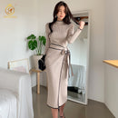 SMTHMA 2022 Neue Herbst Winter Koreanischen Stil Temperament Kleid Damen Schlanke Taille Lace-Up Gestrickte Mittellange Pullover Kleid Vestidos