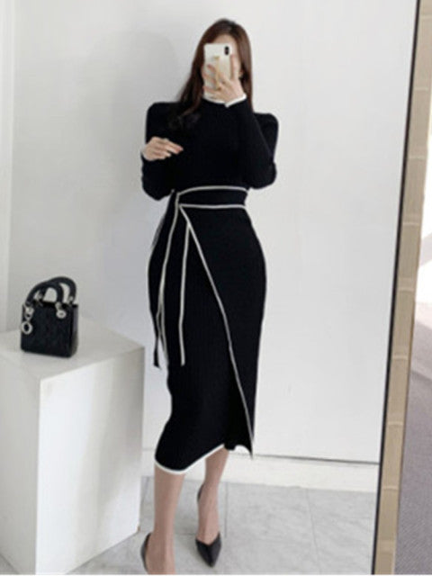SMTHMA 2022 New Autumn Winter Korean Style Temperament Dress Ladies Slim Waist Lace-Up Knitted Mid-Length Sweater Dress Vestidos