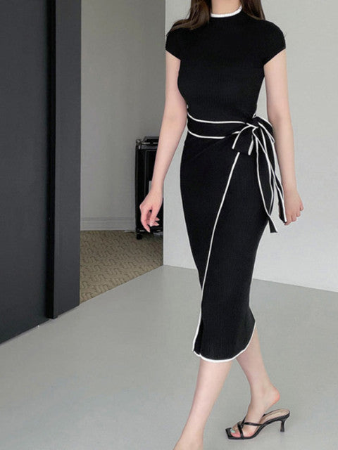 SMTHMA 2022 Neue Herbst Winter Koreanischen Stil Temperament Kleid Damen Schlanke Taille Lace-Up Gestrickte Mittellange Pullover Kleid Vestidos
