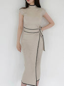 SMTHMA 2022 Neue Herbst Winter Koreanischen Stil Temperament Kleid Damen Schlanke Taille Lace-Up Gestrickte Mittellange Pullover Kleid Vestidos