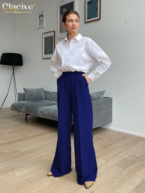 Pantalones de mujer de oficina azul Clacive, pantalones holgados a la moda de longitud completa para mujer, pantalones anchos informales de cintura alta para mujer