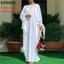 Frauen Kaftan Kleid 2022 VONDA Sommer Vintage Leopardenmuster Party Langes Maxikleid Lässig Langarm Plissee Robe Strand Vestidos
