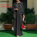Frauen Kaftan Kleid 2022 VONDA Sommer Vintage Leopardenmuster Party Langes Maxikleid Lässig Langarm Plissee Robe Strand Vestidos