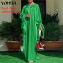 Frauen Kaftan Kleid 2022 VONDA Sommer Vintage Leopardenmuster Party Langes Maxikleid Lässig Langarm Plissee Robe Strand Vestidos