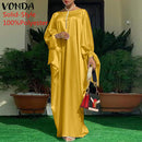 Frauen Kaftan Kleid 2022 VONDA Sommer Vintage Leopardenmuster Party Langes Maxikleid Lässig Langarm Plissee Robe Strand Vestidos