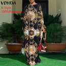 Frauen Kaftan Kleid 2022 VONDA Sommer Vintage Leopardenmuster Party Langes Maxikleid Lässig Langarm Plissee Robe Strand Vestidos
