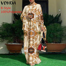 Frauen Kaftan Kleid 2022 VONDA Sommer Vintage Leopardenmuster Party Langes Maxikleid Lässig Langarm Plissee Robe Strand Vestidos