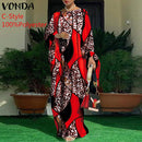 Frauen Kaftan Kleid 2022 VONDA Sommer Vintage Leopardenmuster Party Langes Maxikleid Lässig Langarm Plissee Robe Strand Vestidos