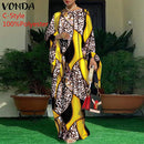 Frauen Kaftan Kleid 2022 VONDA Sommer Vintage Leopardenmuster Party Langes Maxikleid Lässig Langarm Plissee Robe Strand Vestidos