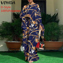 Frauen Kaftan Kleid 2022 VONDA Sommer Vintage Leopardenmuster Party Langes Maxikleid Lässig Langarm Plissee Robe Strand Vestidos