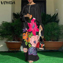 Frauen Kaftan Kleid 2022 VONDA Sommer Vintage Leopardenmuster Party Langes Maxikleid Lässig Langarm Plissee Robe Strand Vestidos