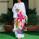 Frauen Kaftan Kleid 2022 VONDA Sommer Vintage Leopardenmuster Party Langes Maxikleid Lässig Langarm Plissee Robe Strand Vestidos