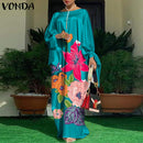 Frauen Kaftan Kleid 2022 VONDA Sommer Vintage Leopardenmuster Party Langes Maxikleid Lässig Langarm Plissee Robe Strand Vestidos