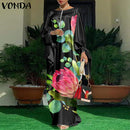 Frauen Kaftan Kleid 2022 VONDA Sommer Vintage Leopardenmuster Party Langes Maxikleid Lässig Langarm Plissee Robe Strand Vestidos