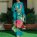 Frauen Kaftan Kleid 2022 VONDA Sommer Vintage Leopardenmuster Party Langes Maxikleid Lässig Langarm Plissee Robe Strand Vestidos