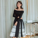 YIGELILA Spring New Arrivals Black Dress Slash-neck Long Sleeves Elegant A-line Dress Dinner Party Dress Mid-calf 65241