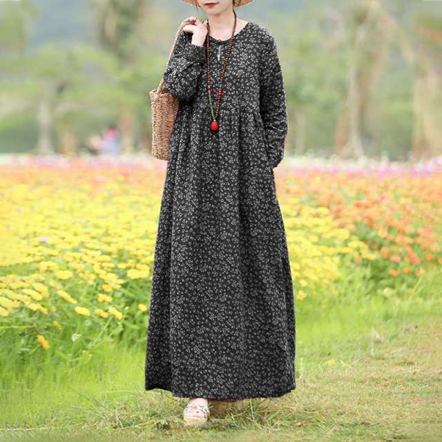 Vintage Damen Gedrucktes Kleid 2022 ZANZEA Frühling Sommerkleid Lässig Langarm Maxi Vestidos Weibliche Blumen Hohl Robe Übergroß