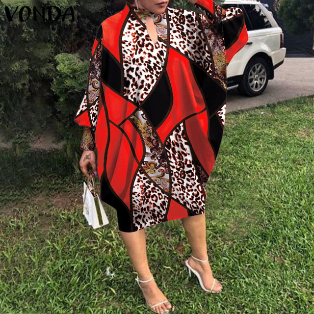 Party Dress Robe Women Long Sleeve Leopard Print Midi Dress 2022 VONDA  Autumn Casual Loose Holiday Long Shirt Vestido Oversized