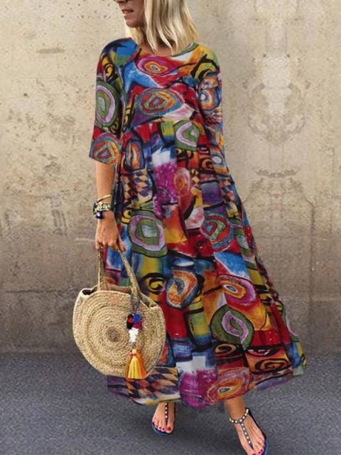2022 Autumn Summer ZANZEA Pleated Dress Women Vintage Vestidos Robe Printed Long Maxi Dresses  Femme 3/4 Sleeve Tunic