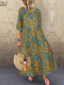 2022 Herbst Sommer ZANZEA Faltenkleid Frauen Vintage Vestidos Robe Gedruckt Lange Maxi Kleider Femme 3/4 Ärmel Tunika