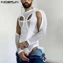 Men Bodysuits Mesh Patchwork See Through Pajamas O-neck Long Sleeve Rompers Underwear 2022 Skinny Sexy Bodysuit INCERUN S-5XL 7