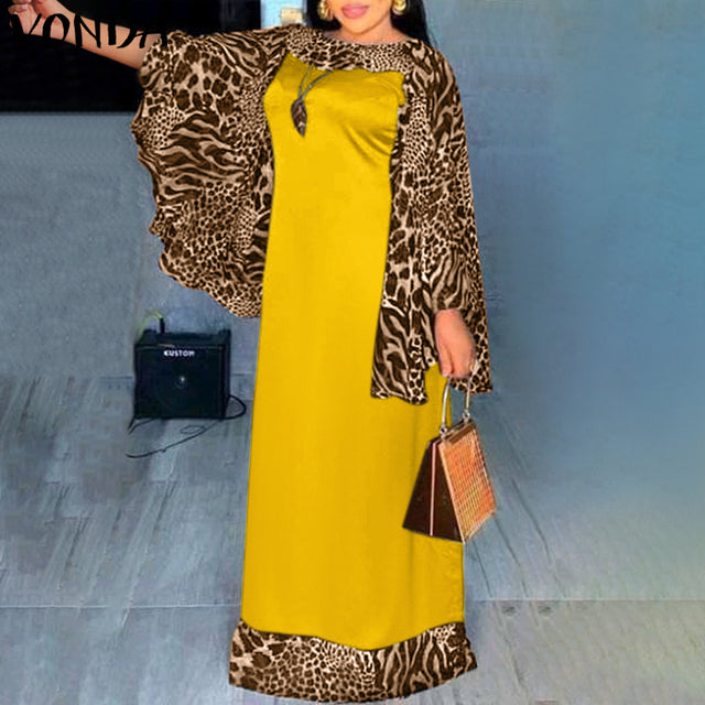 Vestido elegante de fiesta de noche para mujer, vestido Maxi de retazos con estampado de leopardo 2022 VONDA, vestido informal de manga larga acampanada, Vestidos bohemios