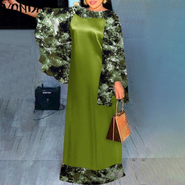 Elegant Evening Party Dress Women Leopard Print Patchwork Maxi Dress 2022 VONDA  Long Flare Sleeve Casual Robe Bohemian Vestidos