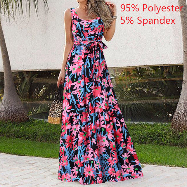 Celmia 2022 Summer Bohemian Long Dress Women Sexy Party Maxi Sundress Sleeveless Floral Print Casual Ruffles Belt Beach Vestidos