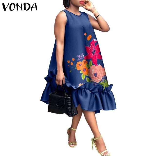 Women Elegant Midi Dress Summer Party Long Dresses 2022 VONDA  Sexy Sleeveless Fashion Beach Floral Print Ruffled Tank Vestidos