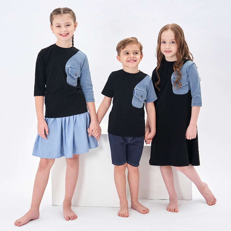 Niños niños niñas primavera verano algodón jersey denim familia vestido a juego tops 12M a 14 años bebé adolescente niños ropa TB1156