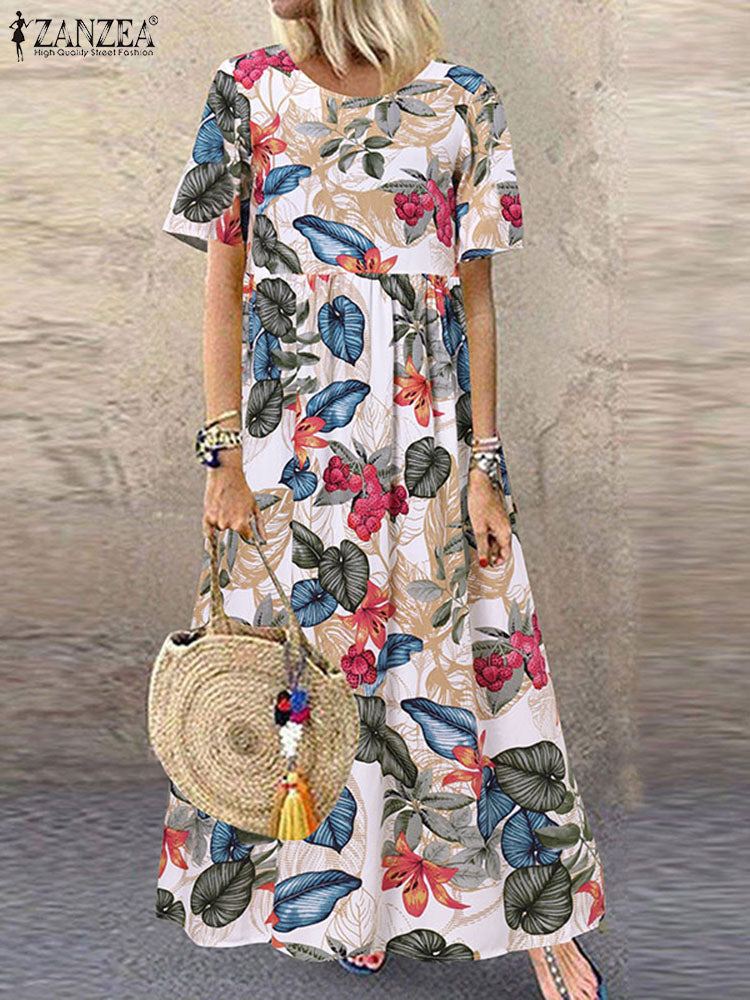 2022 ZANZEA, Vestido veraniego bohemio para vacaciones, Vestido de verano para mujer, Vestido de playa de manga corta con estampado Floral Vintage, Vestido largo suelto para mujer