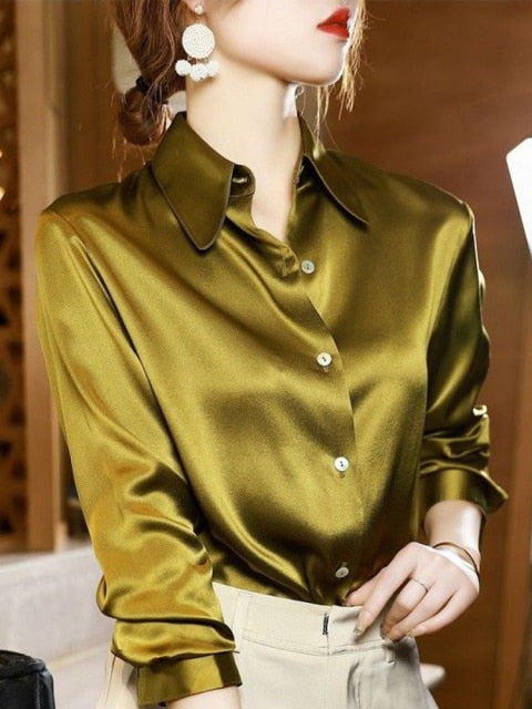 Women 2022 Spring Autumn Fashion Button Up Satin Silk Shirt Vintage Blouse Female Long Sleeves Tops Ladies Loose Shirts