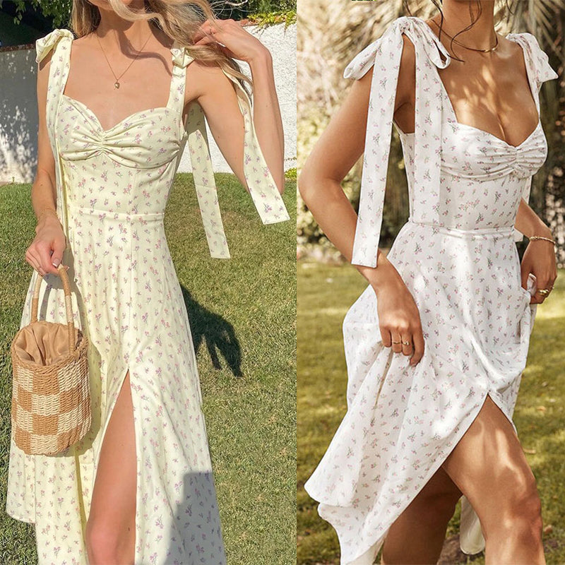 Verano primavera vestido floral mujer sexy casual moda vestido midi slip sin espalda plisado hendidura blanco amarillo con cordones flores