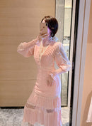 JSXDHK 2022 nuevo diseñador de pasarela mujer vestido largo negro elegante primavera gasa Patchwork encaje cuello en V manga farol vestido plisado