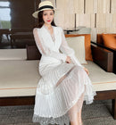 JSXDHK 2022 nuevo diseñador de pasarela mujer vestido largo negro elegante primavera gasa Patchwork encaje cuello en V manga farol vestido plisado